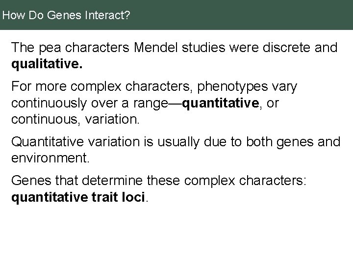 How Do Genes Interact? The pea characters Mendel studies were discrete and qualitative. For