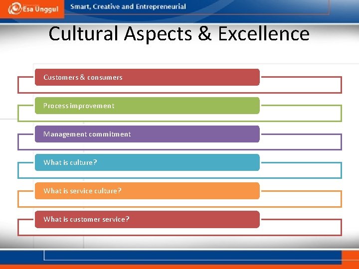 Cultural Aspects & Excellence Customers & consumers Process improvement Management commitment What is culture?