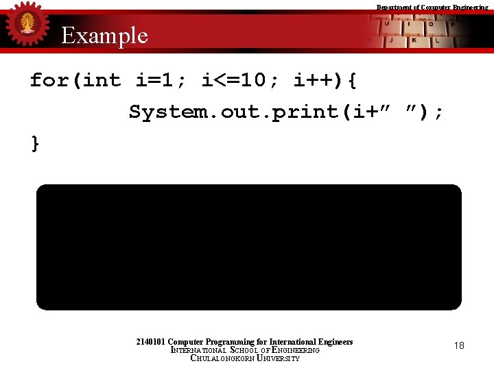 Department of Computer Engineering Example for(int i=1; i<=10; i++){ System. out. print(i+” ”); }