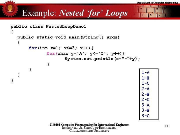 Department of Computer Engineering Example: Nested ‘for’ Loops public class Nested. Loop. Demo 1