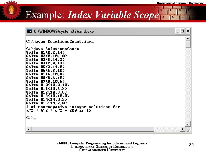 Department of Computer Engineering Example: Index Variable Scope 2140101 Computer Programming for International Engineers