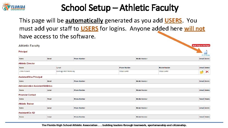 School Setup – Athletic Faculty This page will be automatically generated as you add