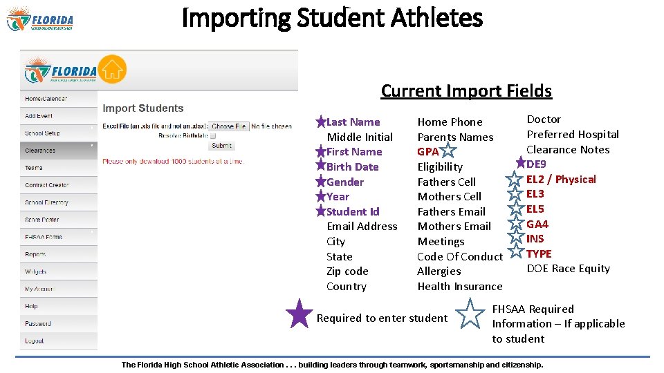 Importing Student Athletes Current Import Fields Last Name Middle Initial First Name Birth Date