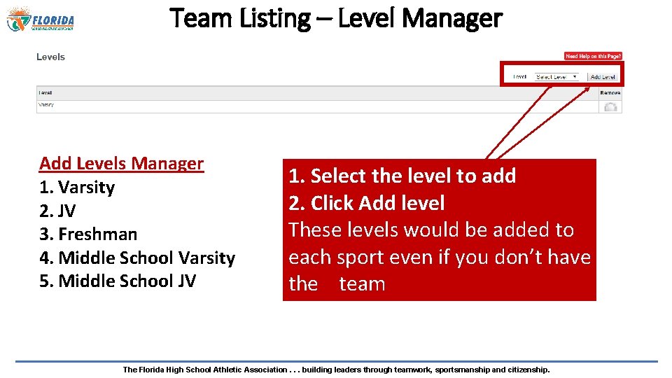 Team Listing – Level Manager Add Levels Manager 1. Varsity 2. JV 3. Freshman