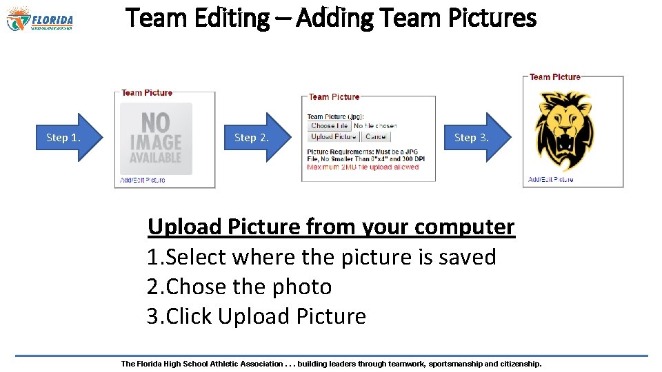 Team Editing – Adding Team Pictures Step 1. Step 2. Step 3. Upload Picture