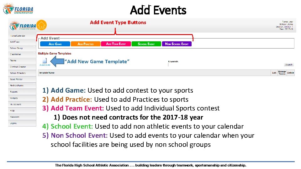 Add Events Add Event Type Buttons “Add New Game Template” 1) Add Game: Used