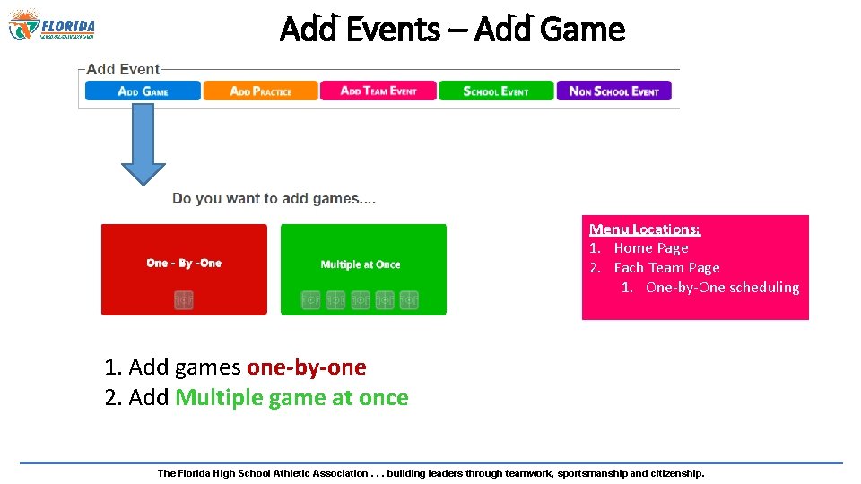 Add Events – Add Game Menu Locations: 1. Home Page 2. Each Team Page
