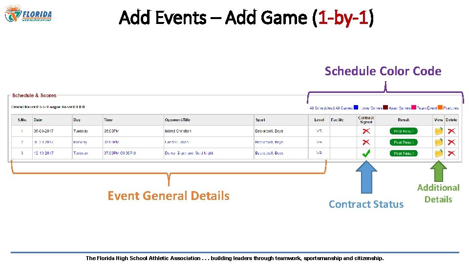 Add Events – Add Game (1 -by-1) Schedule Color Code Event General Details Contract