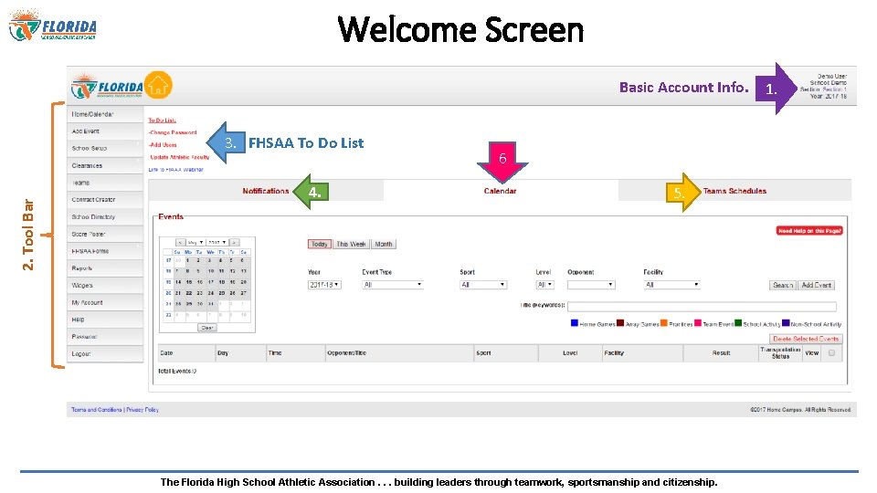 Welcome Screen Basic Account Info. 1. 2. Tool Bar 3. FHSAA To Do List