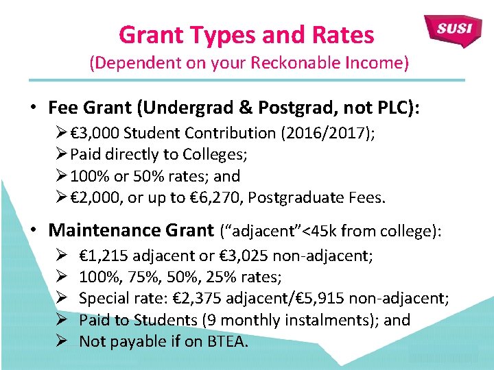 Grant Types and Rates (Dependent on your Reckonable Income) • Fee Grant (Undergrad &