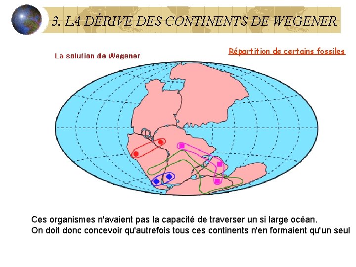 3. LA DÉRIVE DES CONTINENTS DE WEGENER Répartition de certains fossiles Ces organismes n'avaient