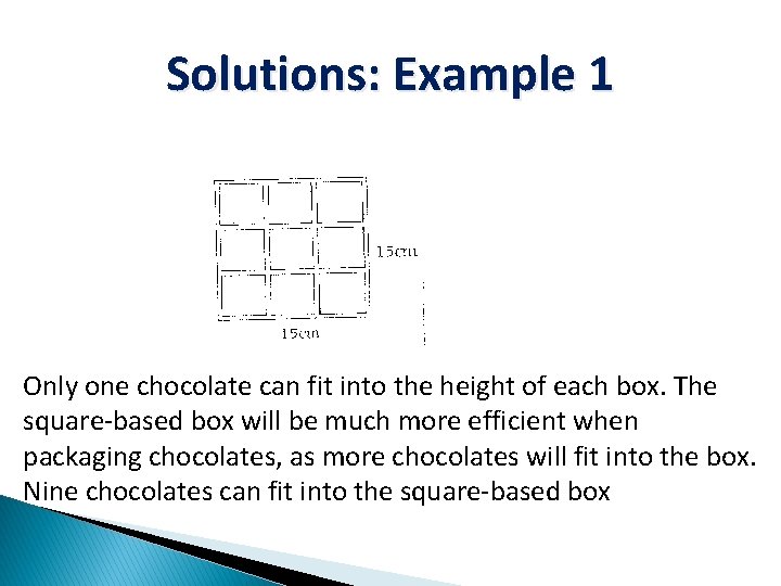 Solutions: Example 1 Only one chocolate can fit into the height of each box.