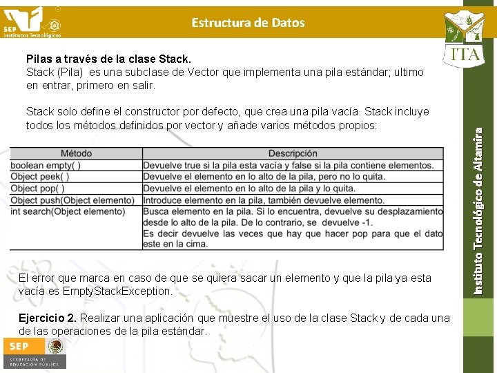 Pilas a través de la clase Stack (Pila) es una subclase de Vector que