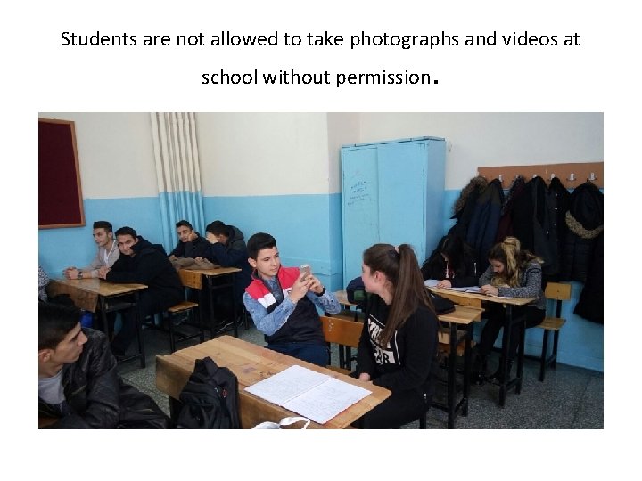 Students are not allowed to take photographs and videos at school without permission .