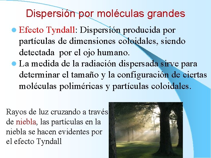 Dispersión por moléculas grandes l Efecto Tyndall: Dispersión producida por partículas de dimensiones coloidales,