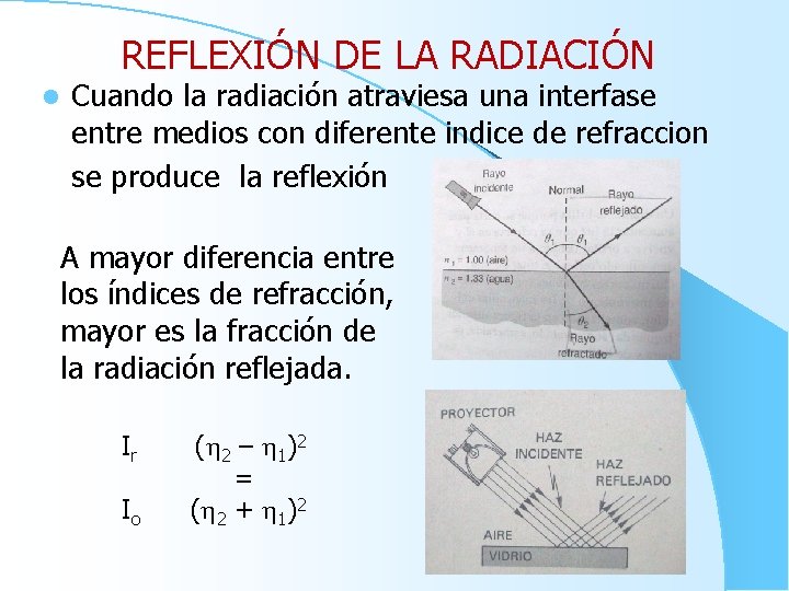 REFLEXIÓN DE LA RADIACIÓN l Cuando la radiación atraviesa una interfase entre medios con