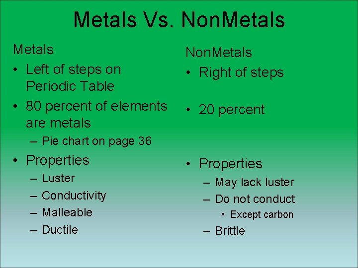 Metals Vs. Non. Metals • Left of steps on Periodic Table • 80 percent Metals Vs. Non. Metals • Left of steps on Periodic Table • 80 percent