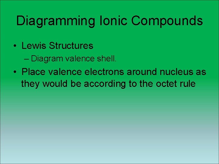 Diagramming Ionic Compounds • Lewis Structures – Diagram valence shell. • Place valence electrons Diagramming Ionic Compounds • Lewis Structures – Diagram valence shell. • Place valence electrons