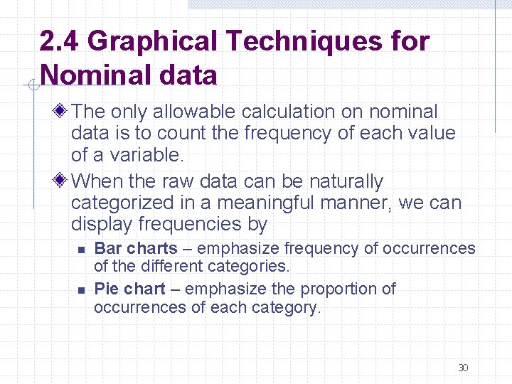 2. 4 Graphical Techniques for Nominal data The only allowable calculation on nominal data