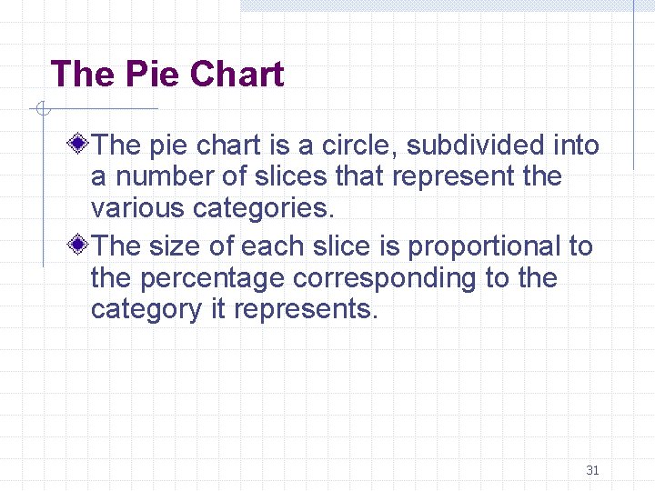 The Pie Chart The pie chart is a circle, subdivided into a number of