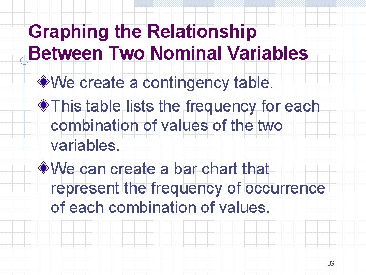 Graphing the Relationship Between Two Nominal Variables We create a contingency table. This table