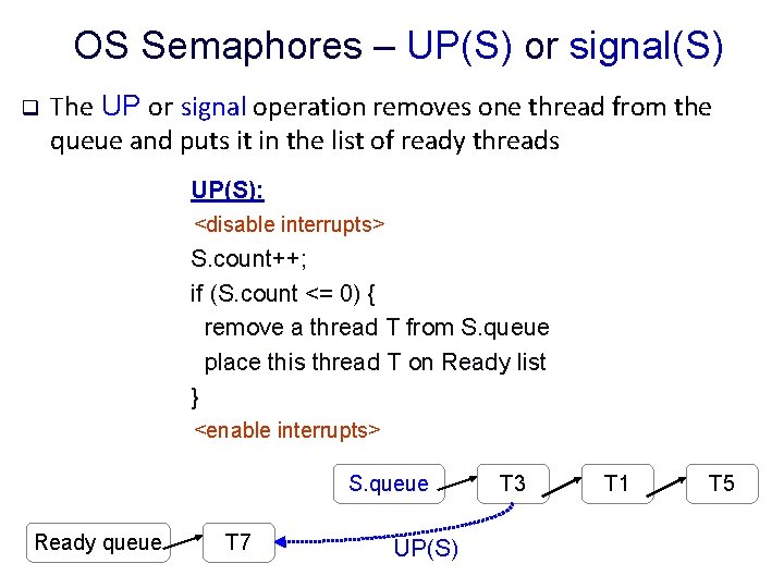 OS Semaphores – UP(S) or signal(S) q The UP or signal operation removes one