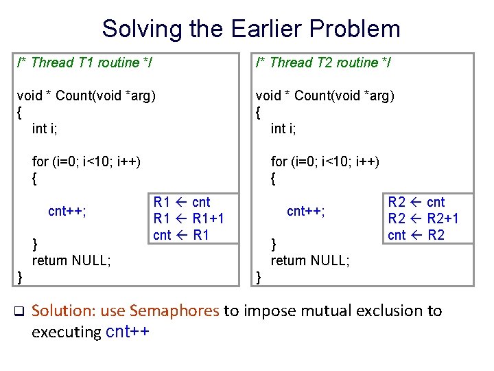 Solving the Earlier Problem /* Thread T 1 routine */ /* Thread T 2