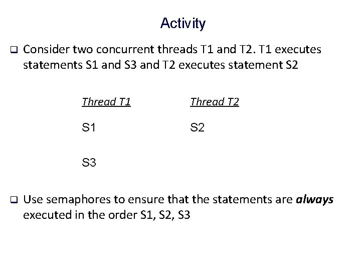 Activity q Consider two concurrent threads T 1 and T 2. T 1 executes