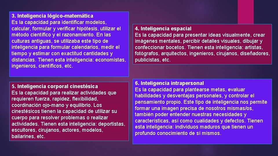 3. Inteligencia lógico-matemática Es la capacidad para identificar modelos, calcular, formular y verificar hipótesis,