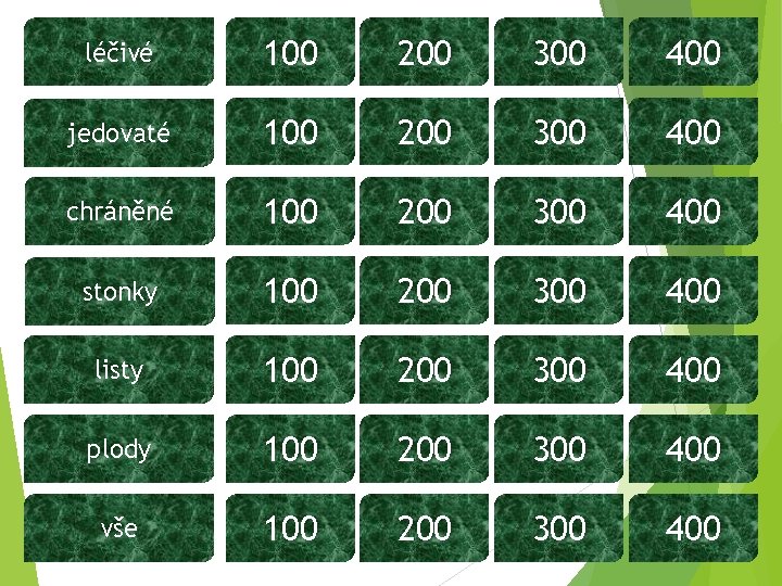 léčivé 100 200 300 400 jedovaté 100 200 300 400 chráněné 100 200 300 léčivé 100 200 300 400 jedovaté 100 200 300 400 chráněné 100 200 300