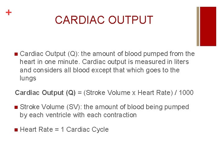 + CARDIAC OUTPUT n Cardiac Output (Q): the amount of blood pumped from the + CARDIAC OUTPUT n Cardiac Output (Q): the amount of blood pumped from the