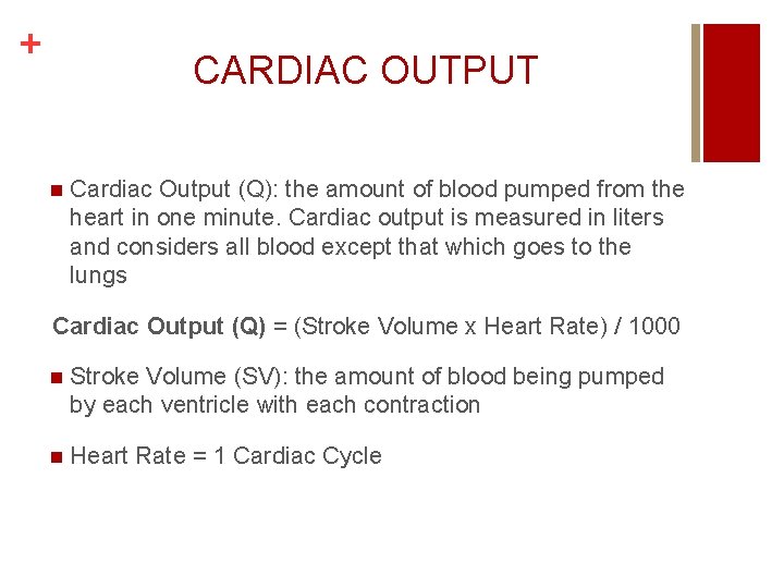 + CARDIAC OUTPUT n Cardiac Output (Q): the amount of blood pumped from the