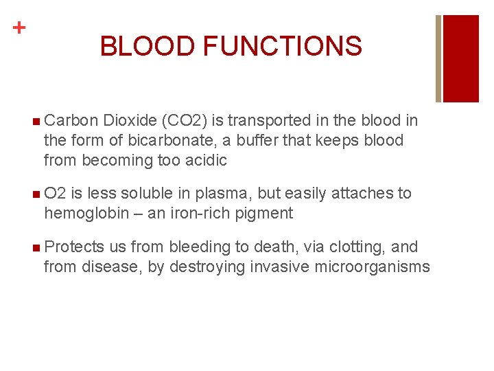 + BLOOD FUNCTIONS n Carbon Dioxide (CO 2) is transported in the blood in