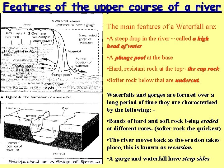 Features of the upper course of a river The main features of a Waterfall