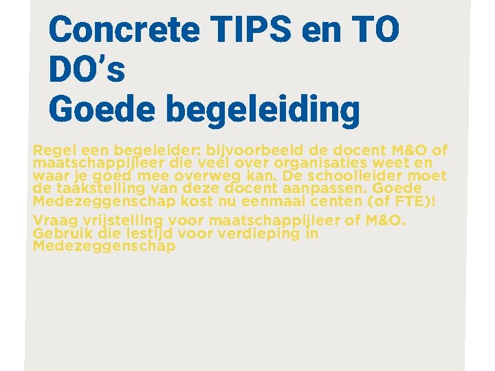 Concrete TIPS en TO DO’s Goede begeleiding Regel een begeleider: bijvoorbeeld de docent M&O