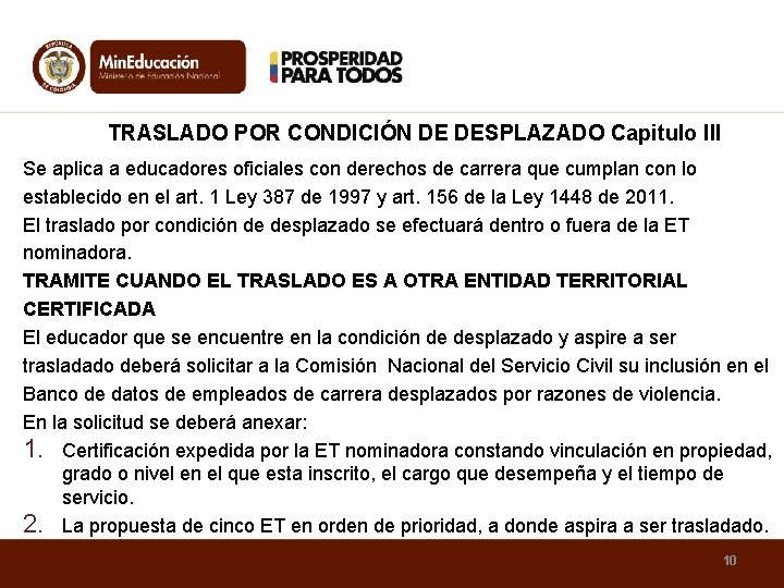 TRASLADO POR CONDICIÓN DE DESPLAZADO Capitulo III Se aplica a educadores oficiales con derechos