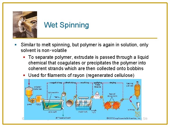Wet Spinning § Similar to melt spinning, but polymer is again in solution, only