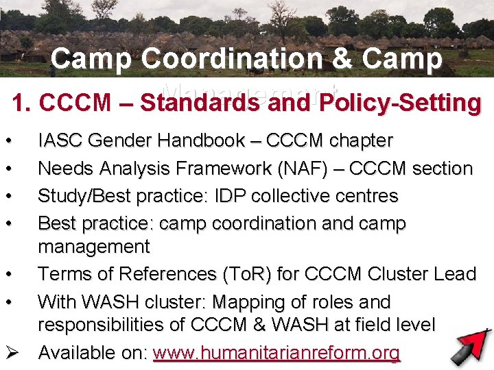 Camp Coordination & Camp Management 1. CCCM – Standards and Policy-Setting • • IASC