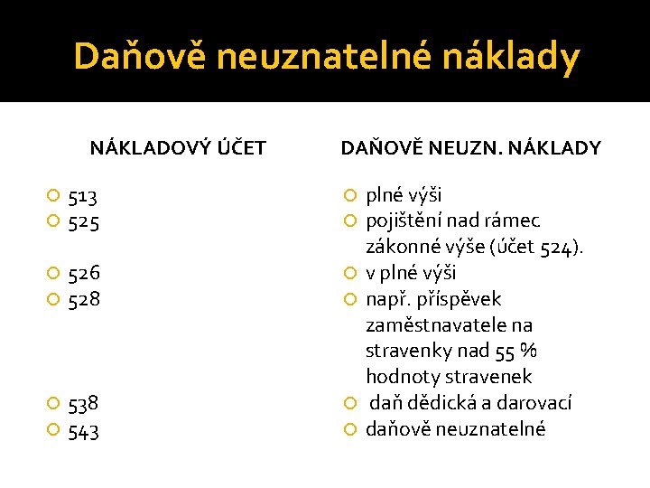 Daňově neuznatelné náklady NÁKLADOVÝ ÚČET DAŇOVĚ NEUZN. NÁKLADY 513 525 526 528 538 543