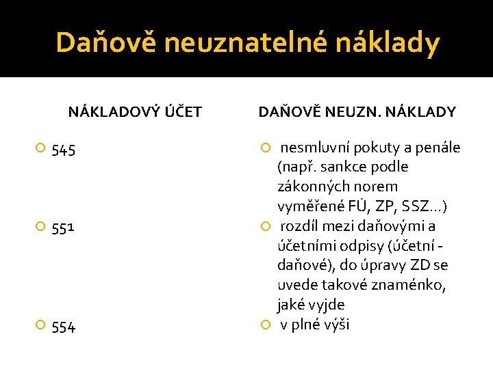 Daňově neuznatelné náklady NÁKLADOVÝ ÚČET 545 551 554 DAŇOVĚ NEUZN. NÁKLADY nesmluvní pokuty a