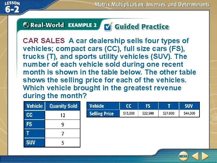 CAR SALES A car dealership sells four types of vehicles; compact cars (CC), full