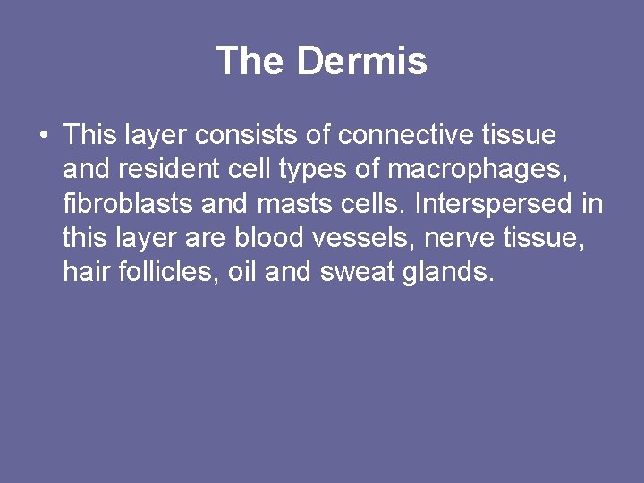 The Dermis • This layer consists of connective tissue and resident cell types of The Dermis • This layer consists of connective tissue and resident cell types of