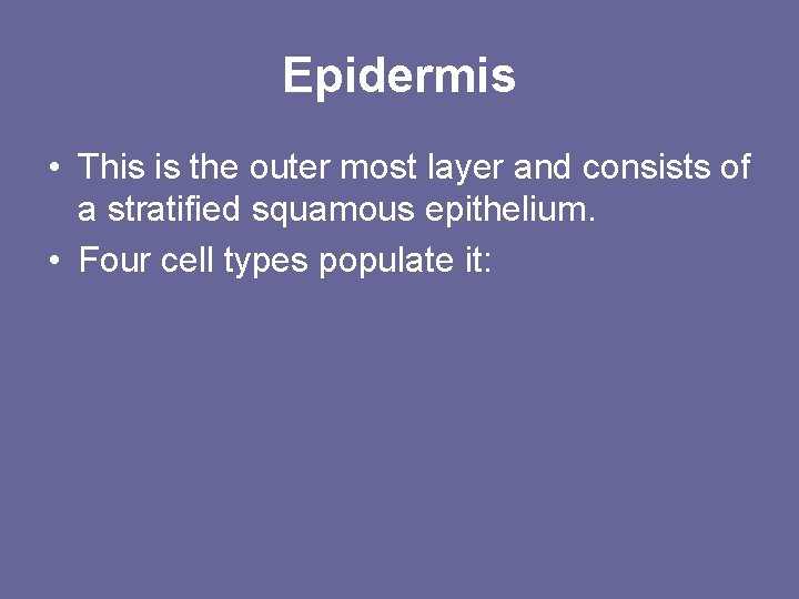 Epidermis • This is the outer most layer and consists of a stratified squamous