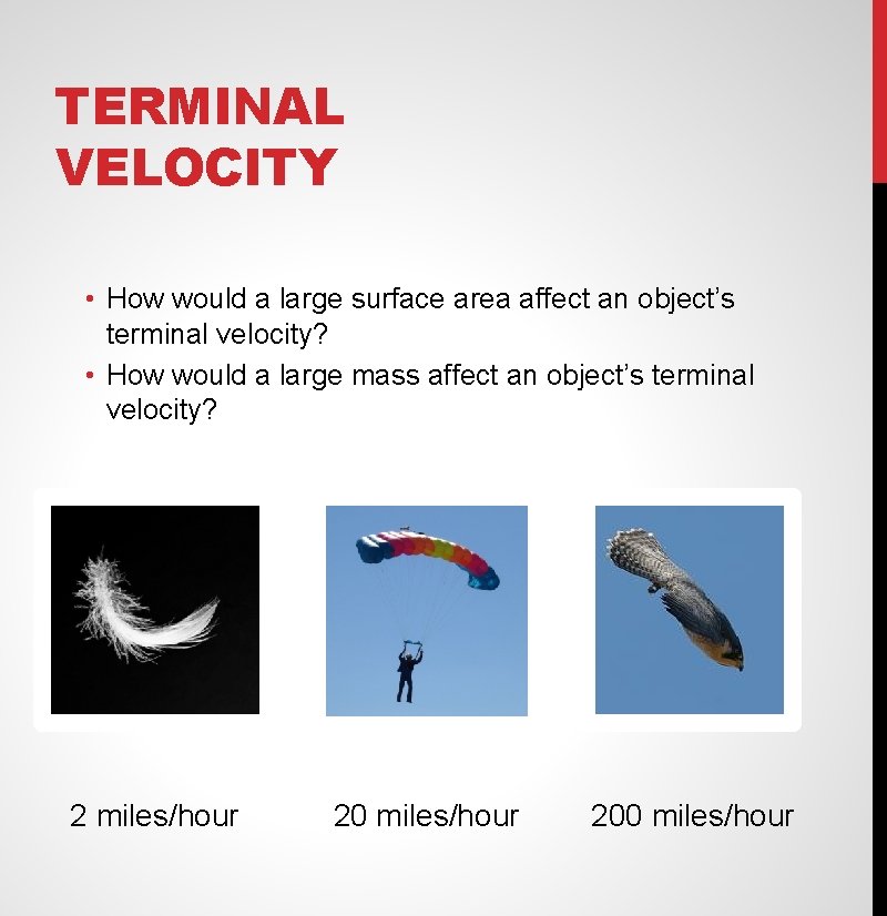 TERMINAL VELOCITY • How would a large surface area affect an object’s terminal velocity?