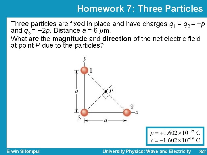 Homework 7: Three Particles Three particles are fixed in place and have charges q