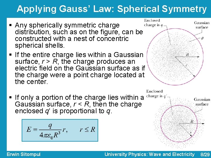 Applying Gauss’ Law: Spherical Symmetry § Any spherically symmetric charge distribution, such as on