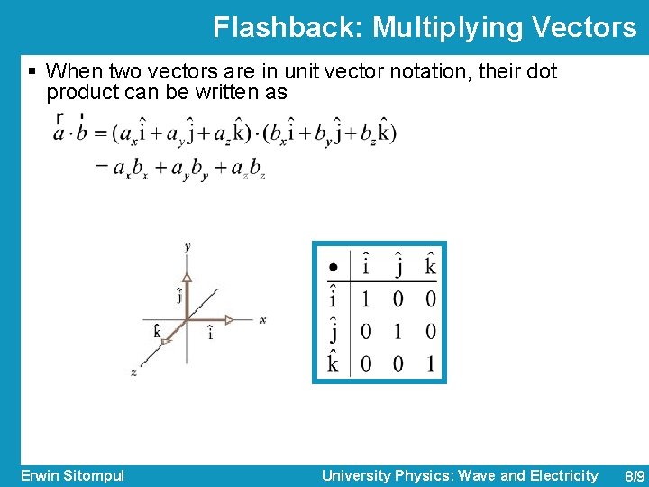 Flashback: Multiplying Vectors § When two vectors are in unit vector notation, their dot