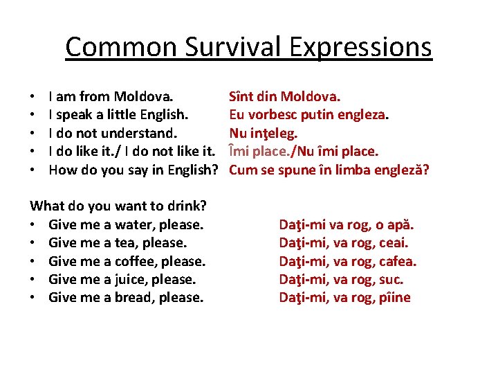 Common Survival Expressions • • • I am from Moldova. I speak a little