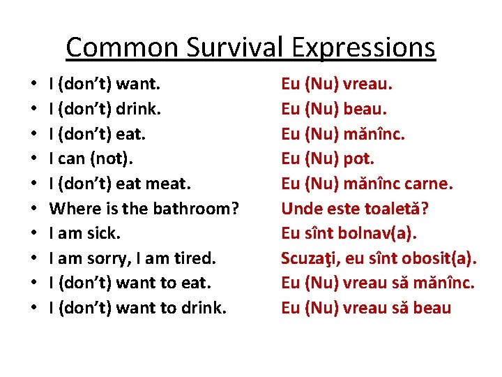 Common Survival Expressions • • • I (don’t) want. I (don’t) drink. I (don’t)