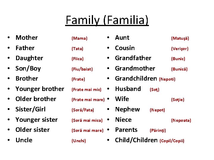 Family (Familia) • • • Mother Father Daughter Son/Boy Brother Younger brother Older brother